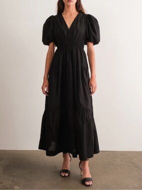 French Connection Black Puff Sleeve V-Neck Maxi Dress - Women